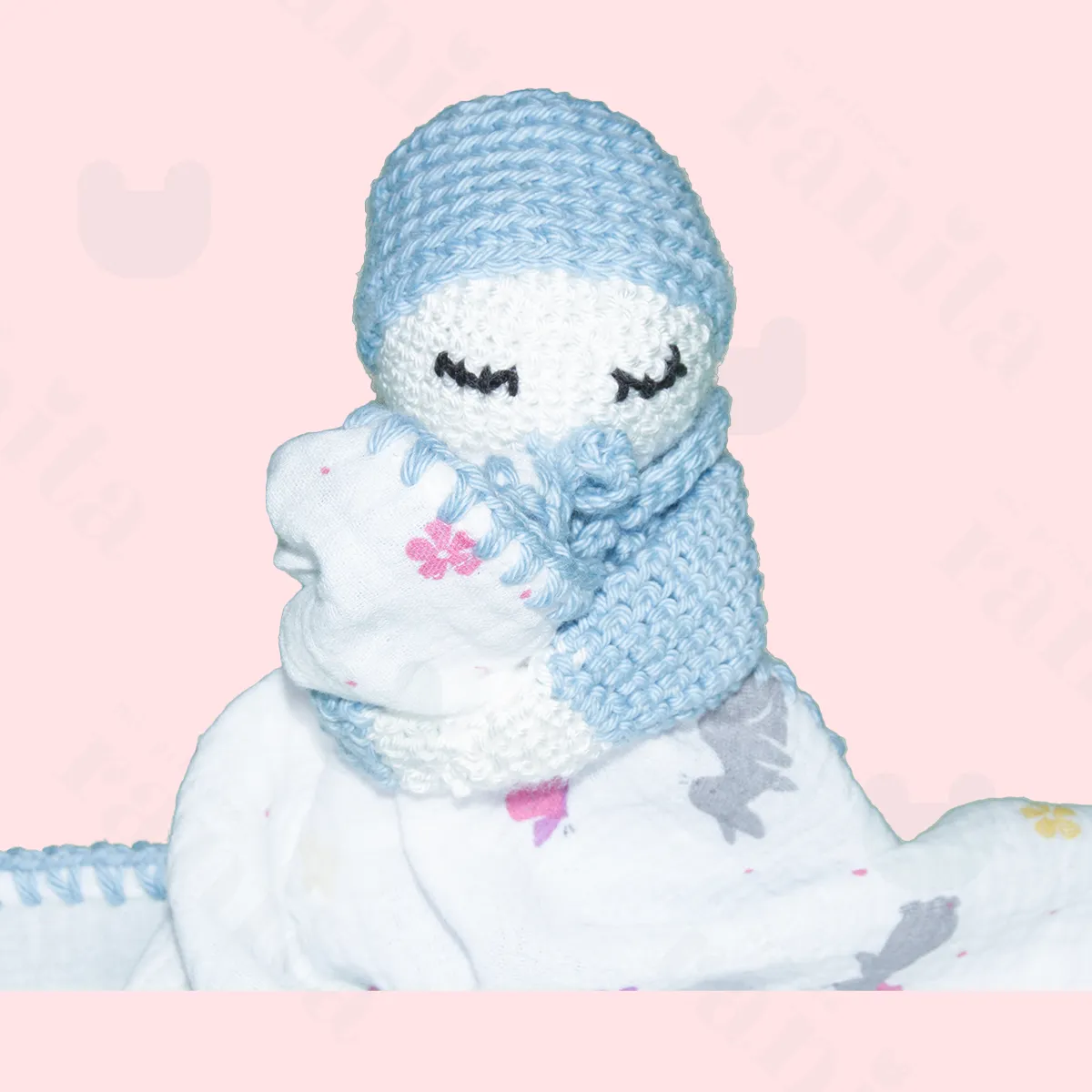 Blue Baby Doll with Blue-Embroidered Muslin Cloth