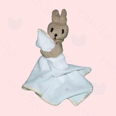 Beige rabbit doll with beige-embroidered muslin