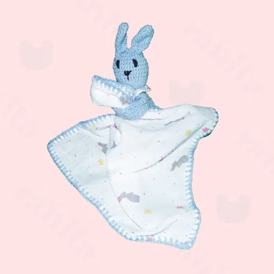 Blue rabbit doll with blue-embroidered muslin