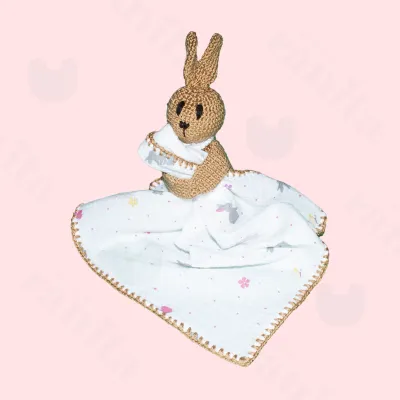 Brown rabbit doll with brwon-embroidered muslin