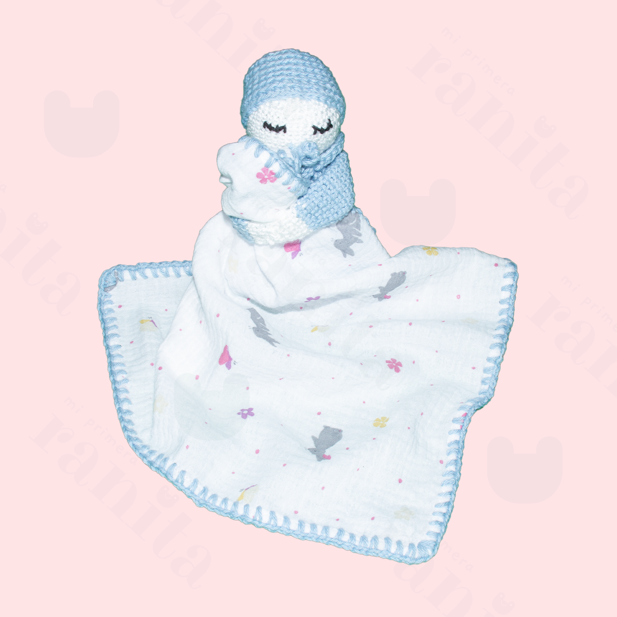 Muñeco Bebé con Muselina Bordado Azul