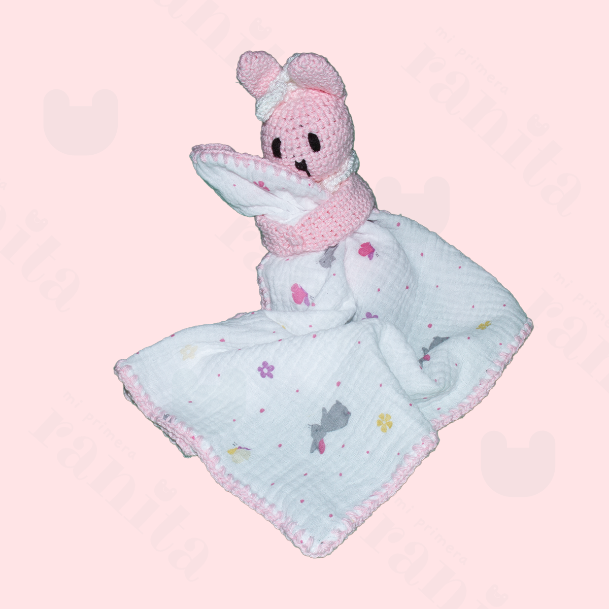Muñeco Conejo con Muselina Bordado Rosa