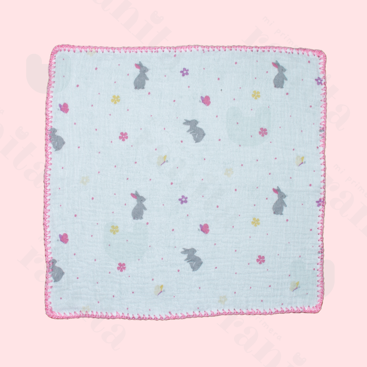 Muñeco Conejo con Muselina Bordado Rosa