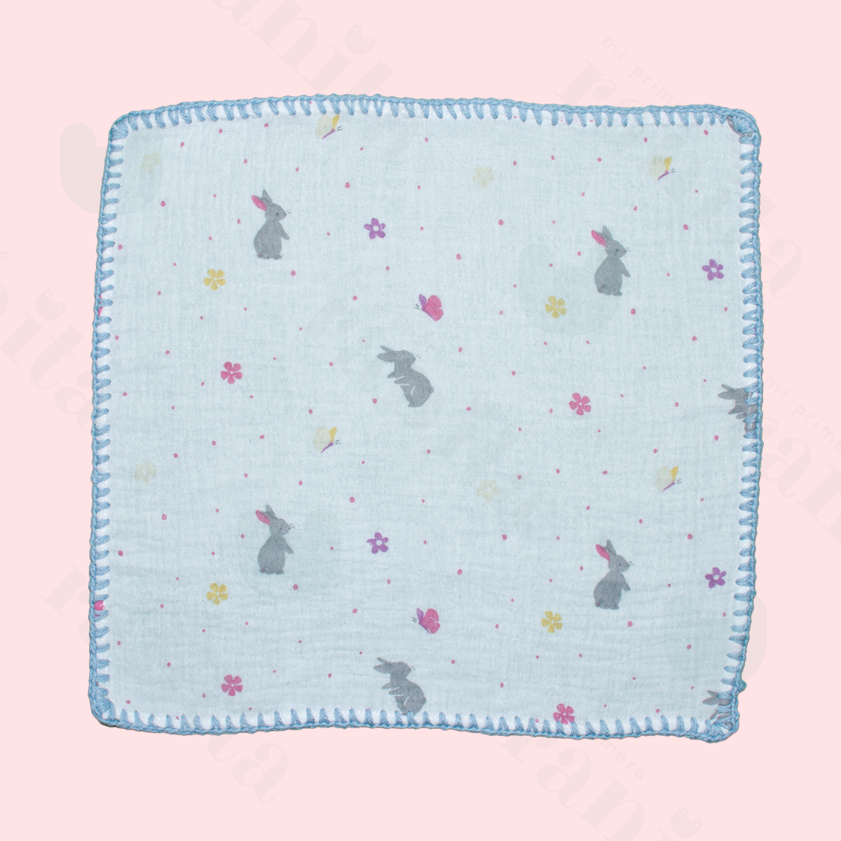 Muñeco Conejo con Muselina Bordado Azul